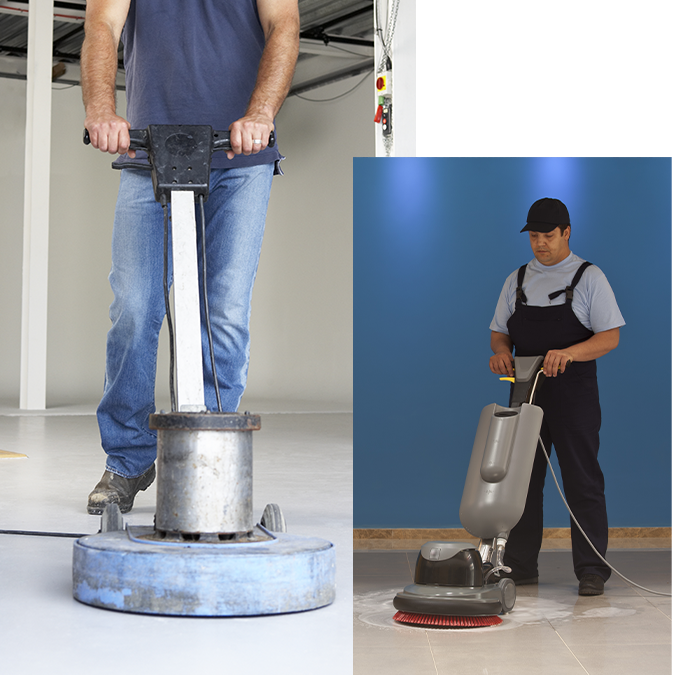 Two pictures of a man using a floor polisher.