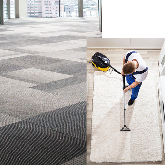 Two pictures of a man cleaning a carpet.