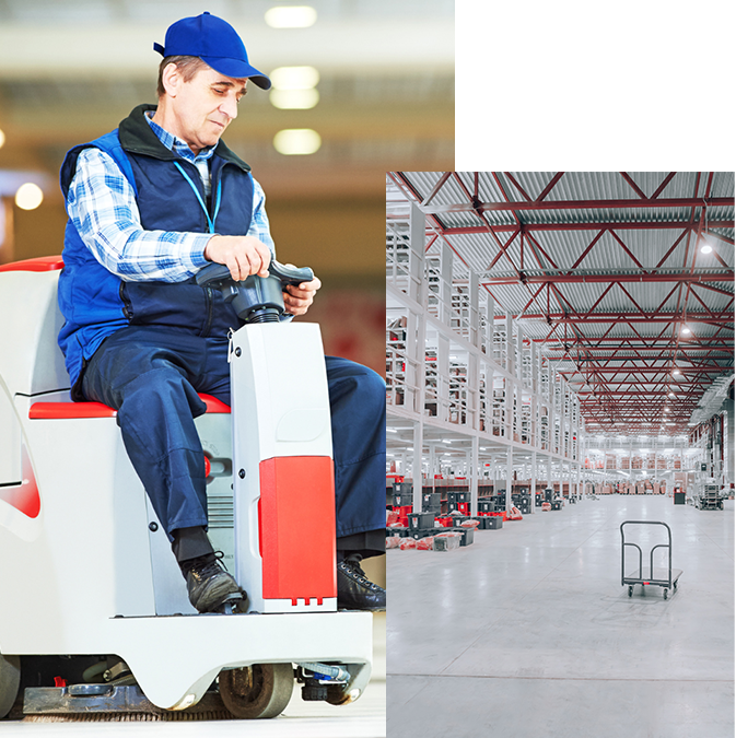 Man on Ride-On Scrubber/Sweeper and image of large warehouse floor