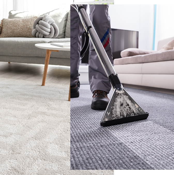 Two pictures of a man cleaning carpets in a living room.