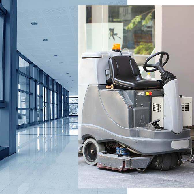 Ride-On Scrubber/Sweeper and image of office hallway