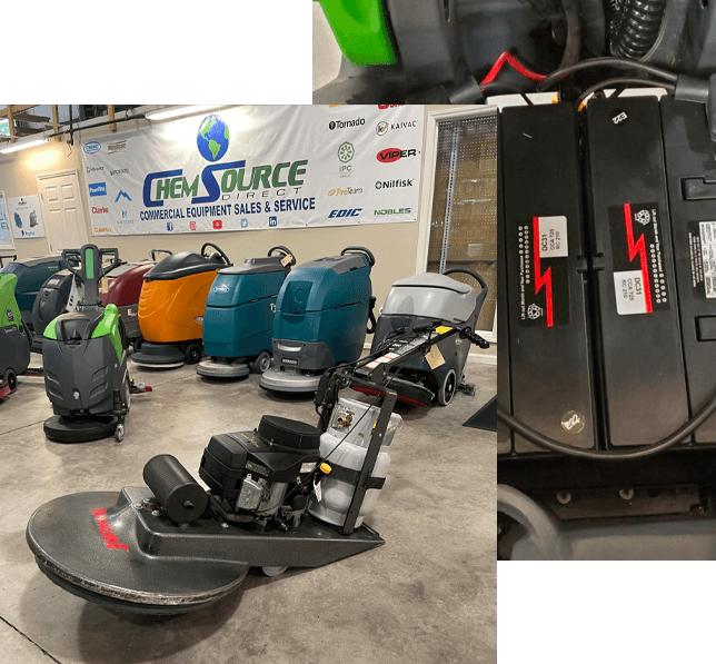 Floor scrubbers in a warehouse with different types of machines.