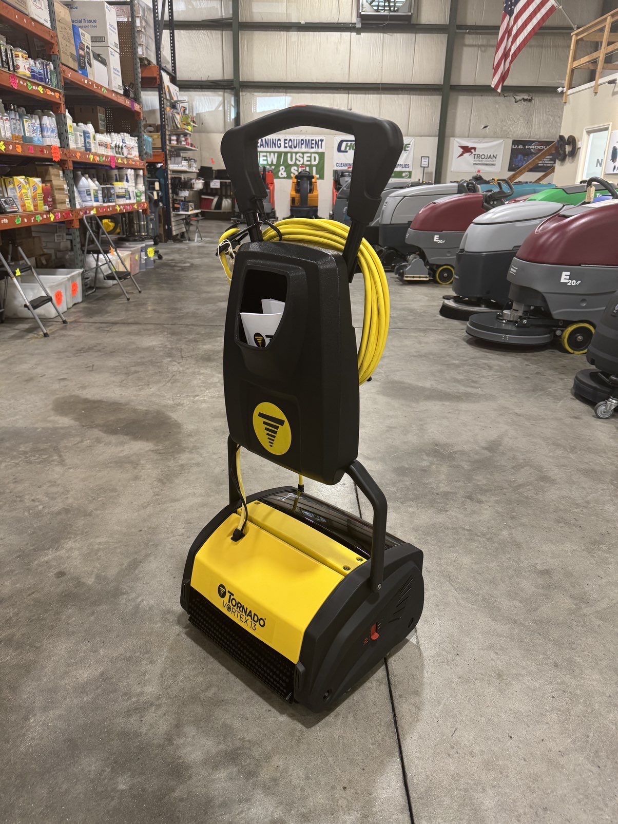 A Tornado Vortex 13 Multi-Surface Scrubber in a warehouse showroom.