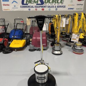 A Clarke CFP Pro-20" Dual-Speed Floor Machine in a warehouse showroom at ChemSource Direct.