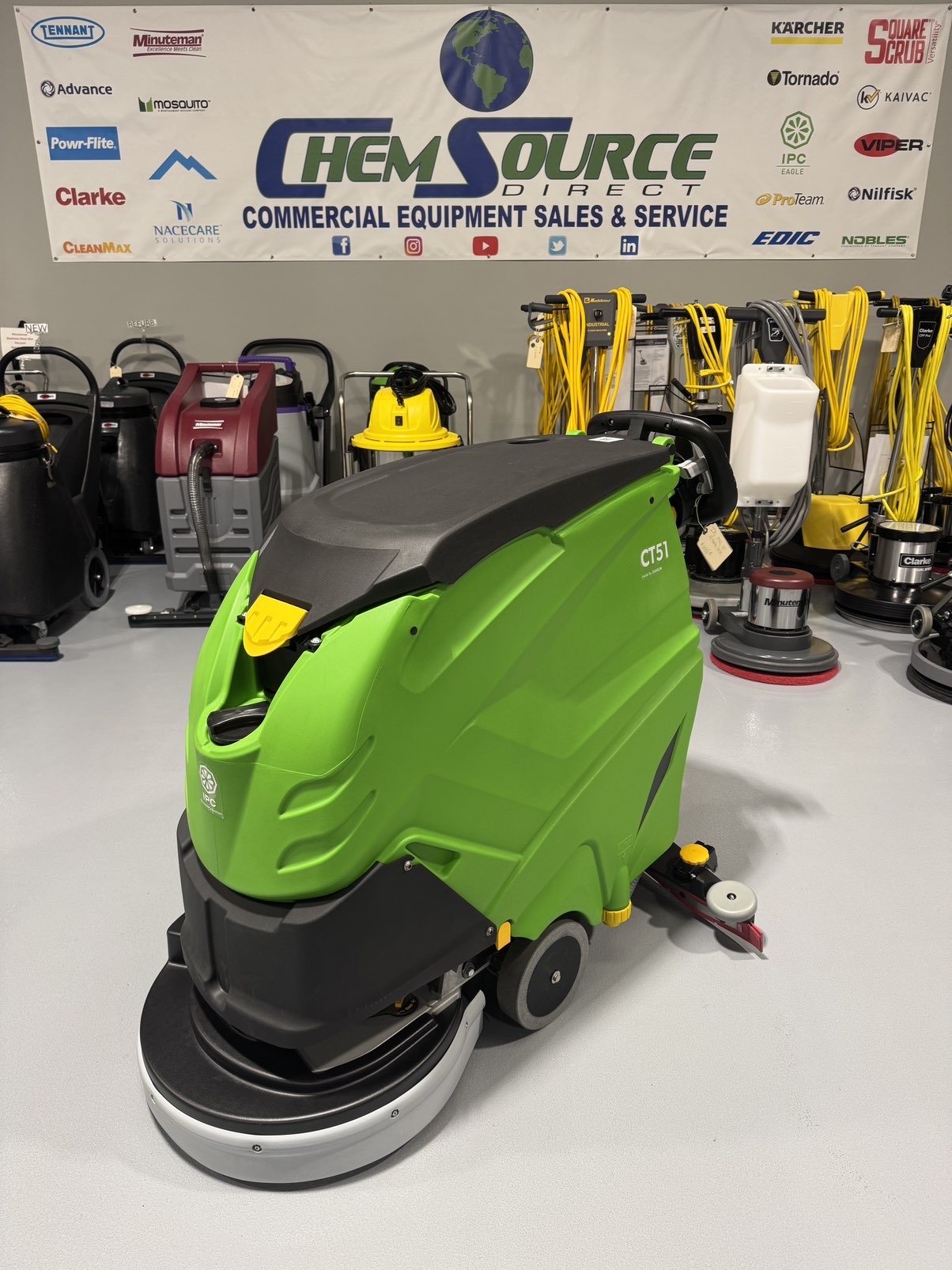 An IPC CT51 Walk-Behind Scrubber in a warehouse showroom at ChemSource Direct.