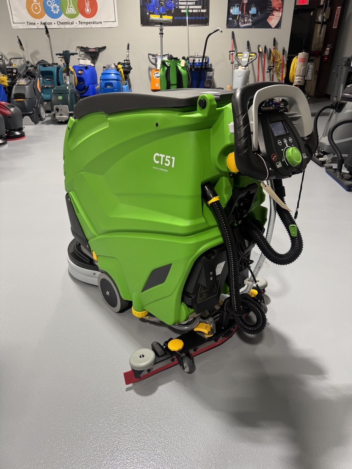 An IPC CT51 Walk-Behind Scrubber in a warehouse showroom at ChemSource Direct.