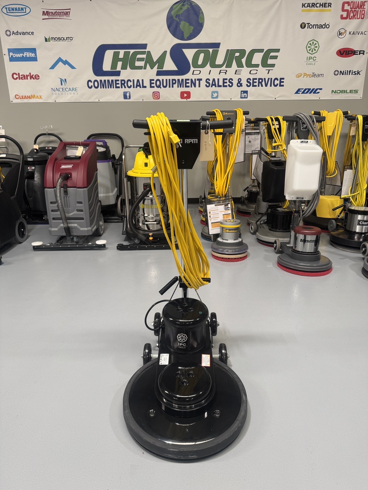 An IPC B1500 20" Burnisher in a warehouse showroom at ChemSource Direct.