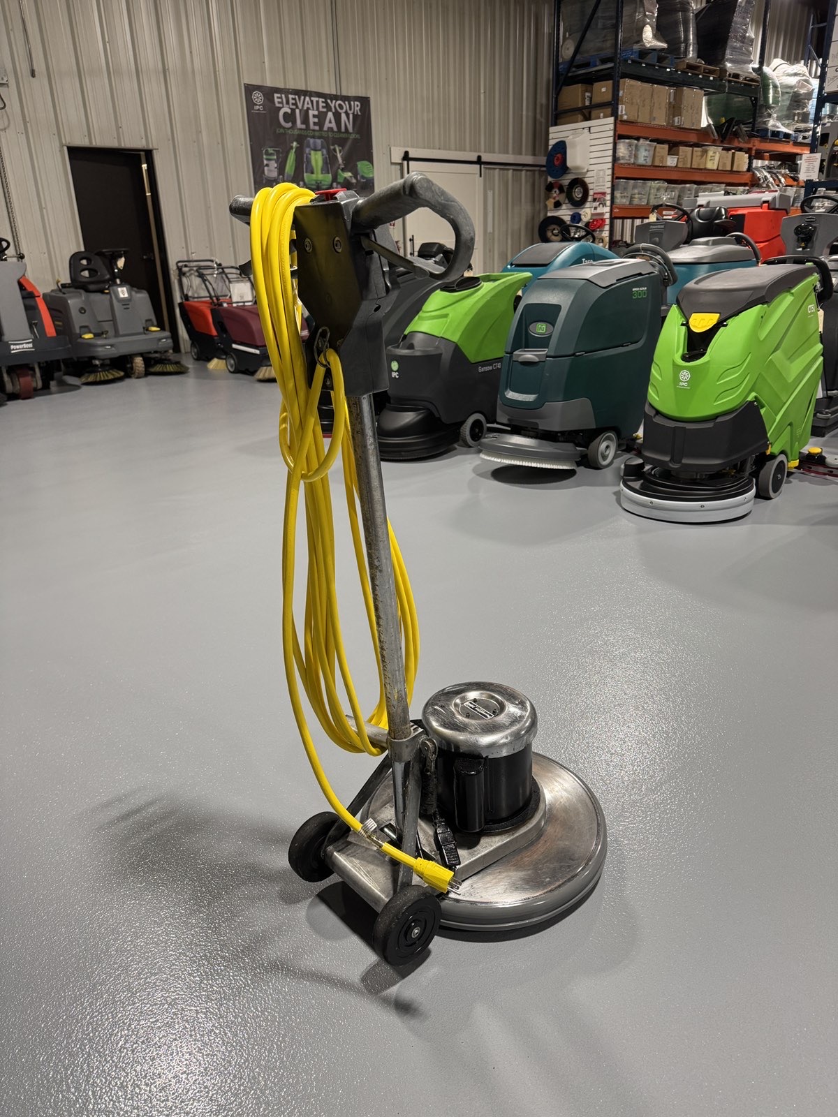 An Advance Pacesetter 20 HD Low-Speed Scrubber in a warehouse showroom at ChemSource Direct.