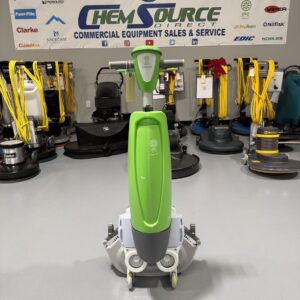 An IPC iMop XL Upright Floor Scrubber in a warehouse showroom at ChemSource Direct.