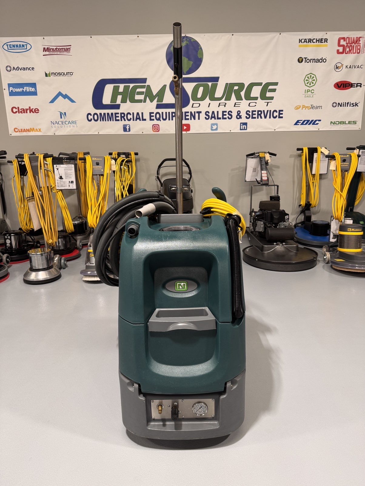 A Nobles Explorer H5 Carpet Extractor in a warehouse showroom at ChemSource Direct.