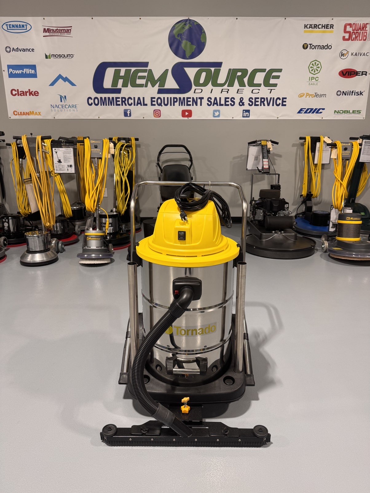A Tornado Taskforce 20 Wet/Dry Vacuum in a warehouse showroom at ChemSource Direct.