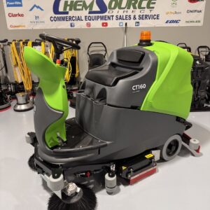 An IPC CT160 Cylindrical Ride-On Scrubber in a warehouse showroom at ChemSource Direct.