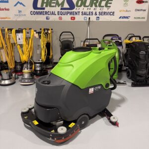 An IPC CT70 28" Walk-Behind Scrubber in a warehouse showroom at ChemSource Direct.