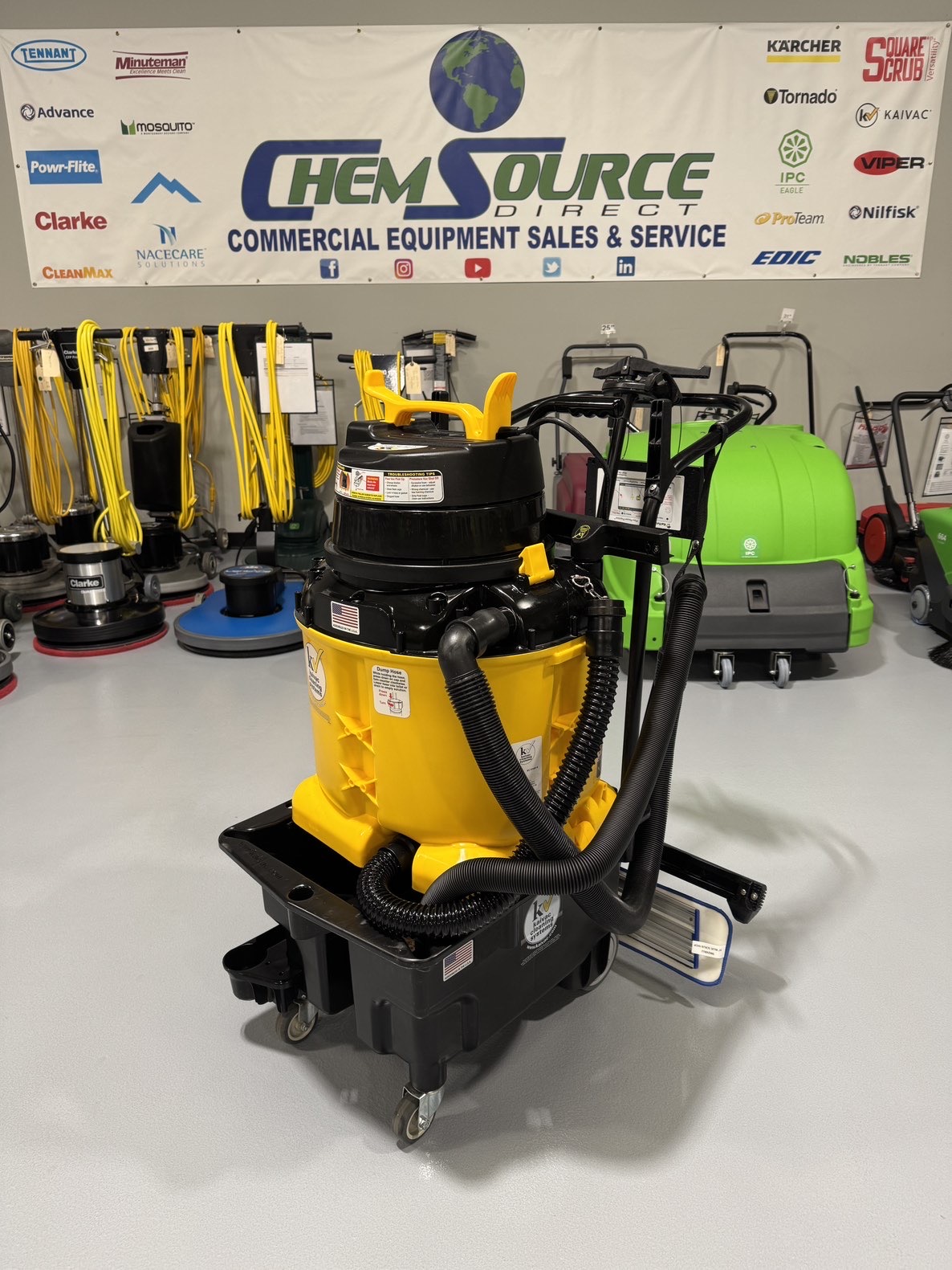 A Kaivac Battery Powered Auto Vac w/Kai Tutor in a warehouse showroom at ChemSource Direct.