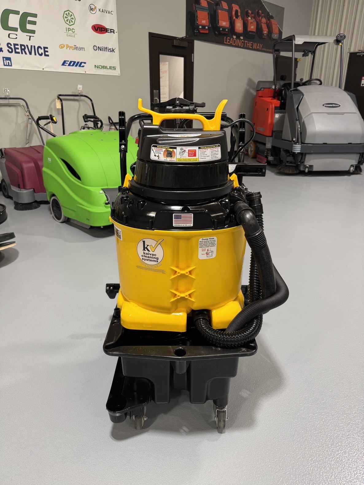 A Kaivac Battery Powered Auto Vac w/Kai Tutor in a warehouse showroom at ChemSource Direct.