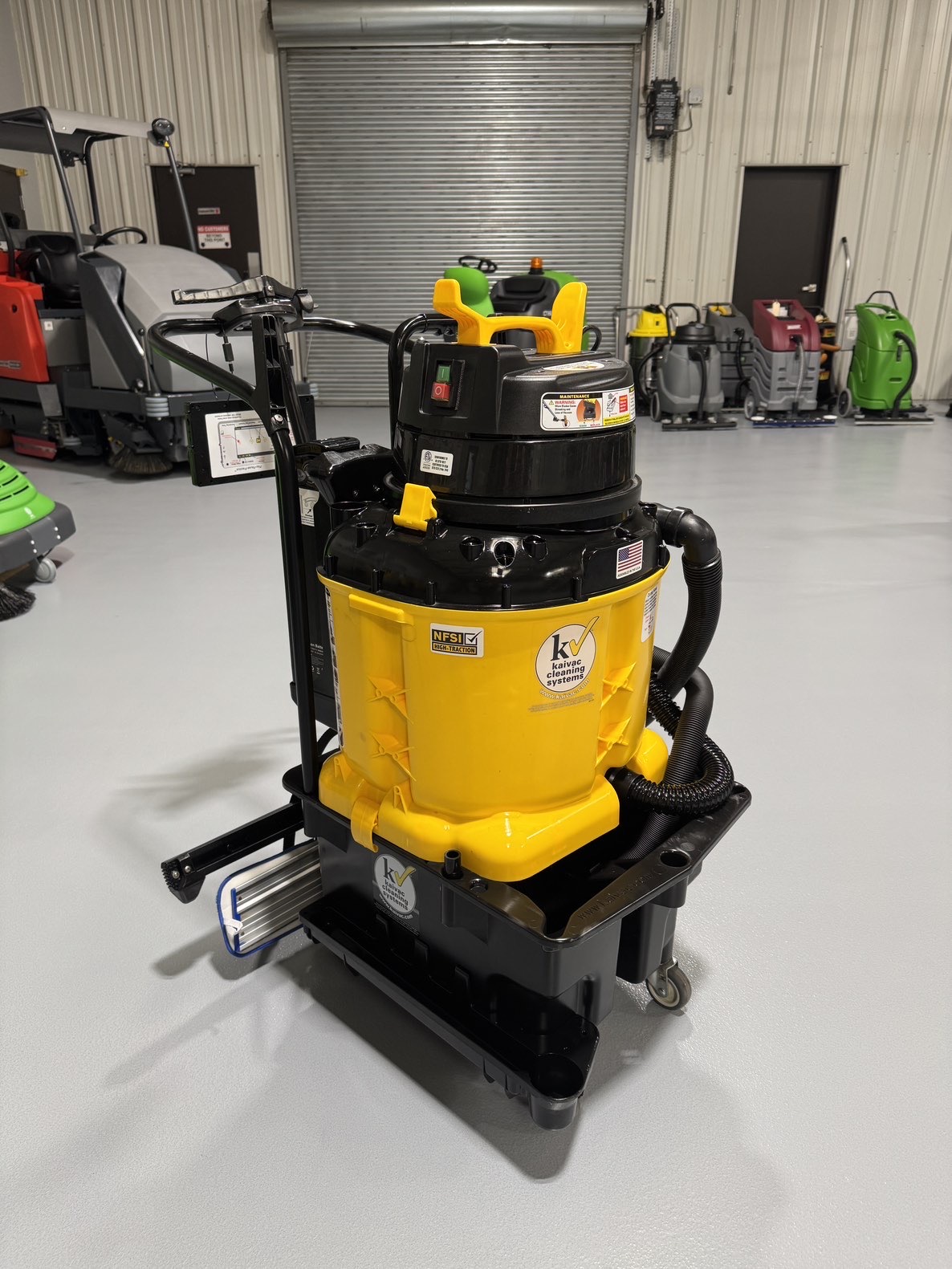 A Kaivac Battery Powered Auto Vac w/Kai Tutor in a warehouse showroom at ChemSource Direct.