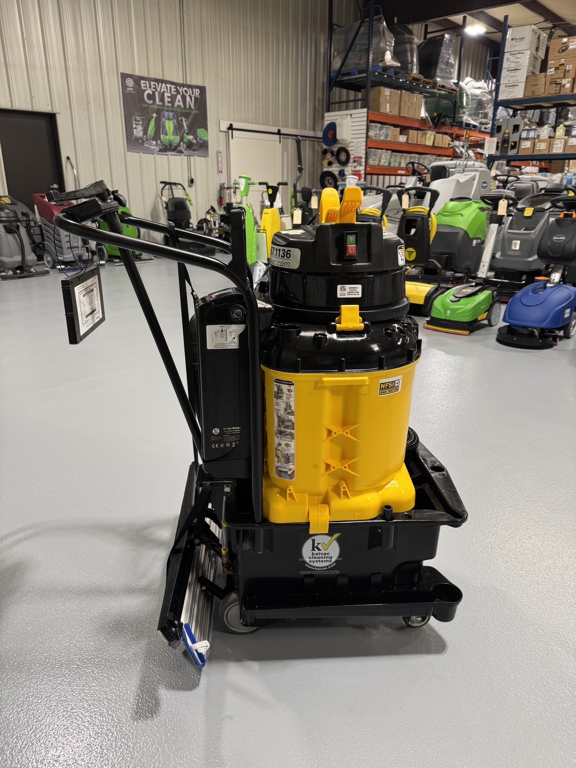 A Kaivac Battery Powered Auto Vac w/Kai Tutor in a warehouse showroom at ChemSource Direct.