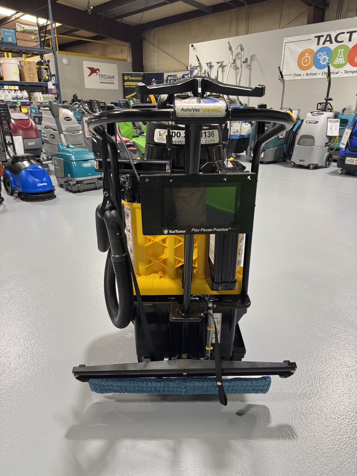 A Kaivac Battery Powered Auto Vac w/Kai Tutor in a warehouse showroom at ChemSource Direct.