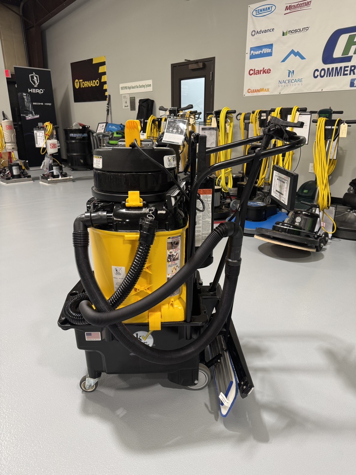 A Kaivac Battery Powered Auto Vac w/Kai Tutor in a warehouse showroom at ChemSource Direct.