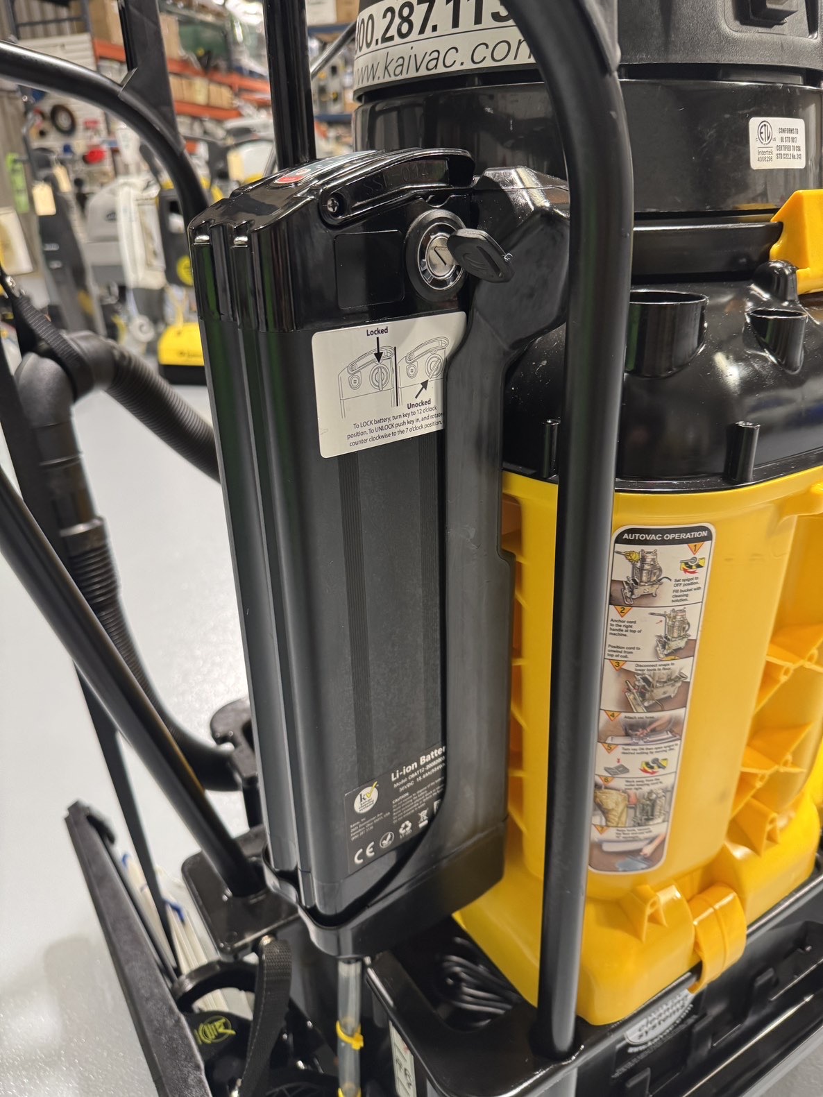 A Kaivac Battery Powered Auto Vac w/Kai Tutor in a warehouse showroom at ChemSource Direct.