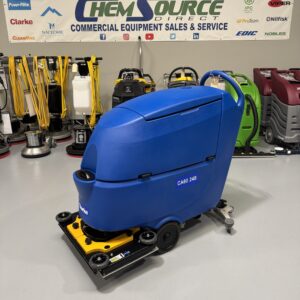 A Clarke CA60 24B Walk-Behind Auto Scrubber in a warehouse showroom at ChemSource Direct.