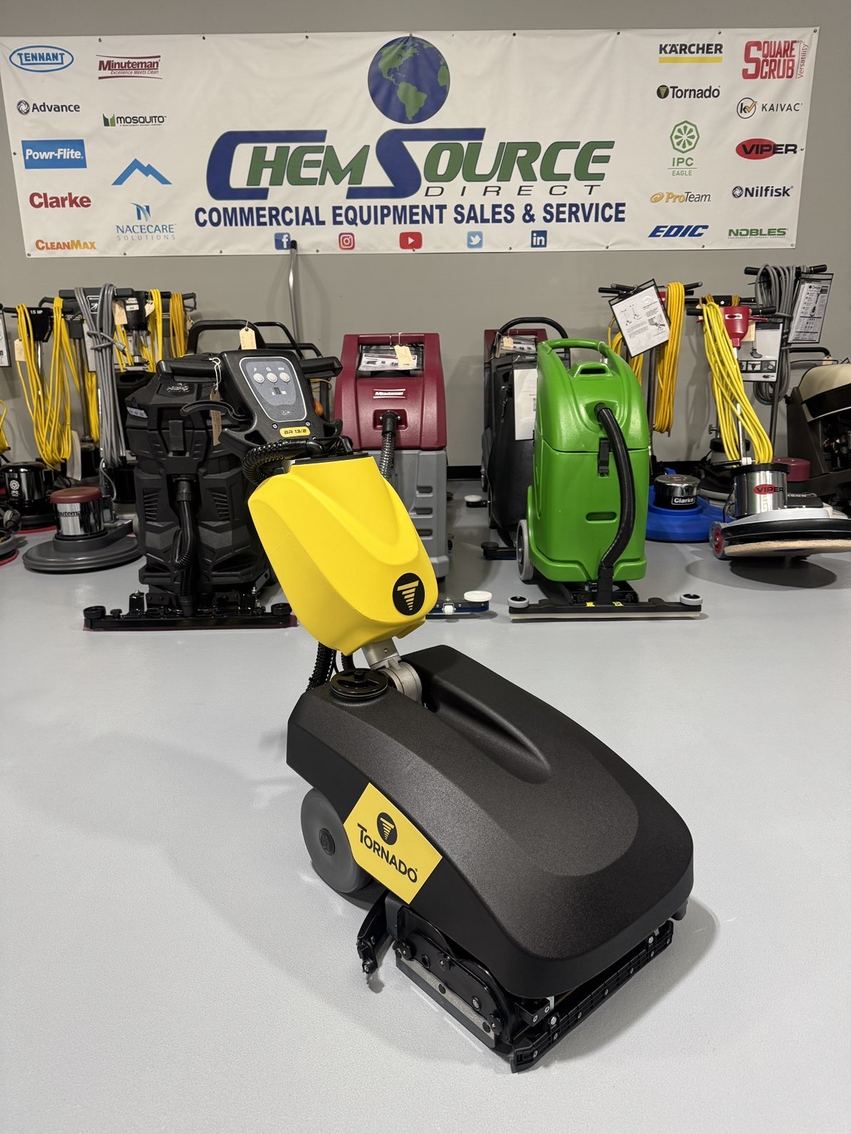 A Tornado BR 13/2 Cylindrical Scrubber in a warehouse showroom at ChemSource Direct.