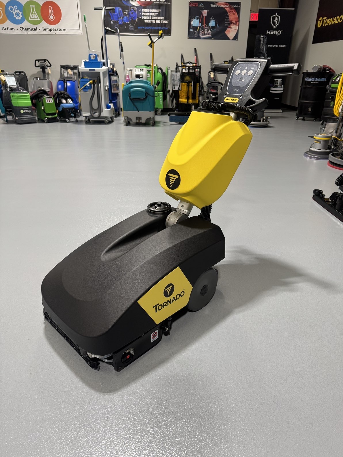 A Tornado BR 13/2 Cylindrical Scrubber in a warehouse showroom at ChemSource Direct.
