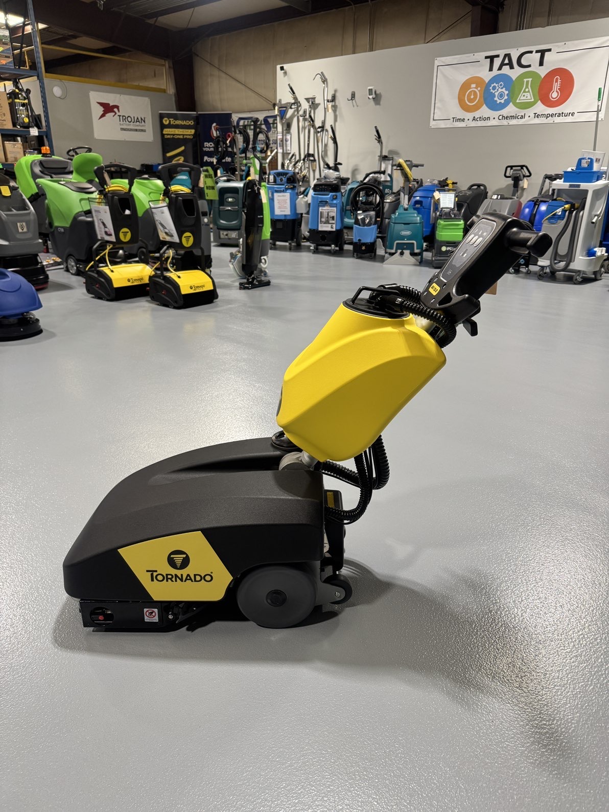 A Tornado BR 13/2 Cylindrical Scrubber in a warehouse showroom at ChemSource Direct.