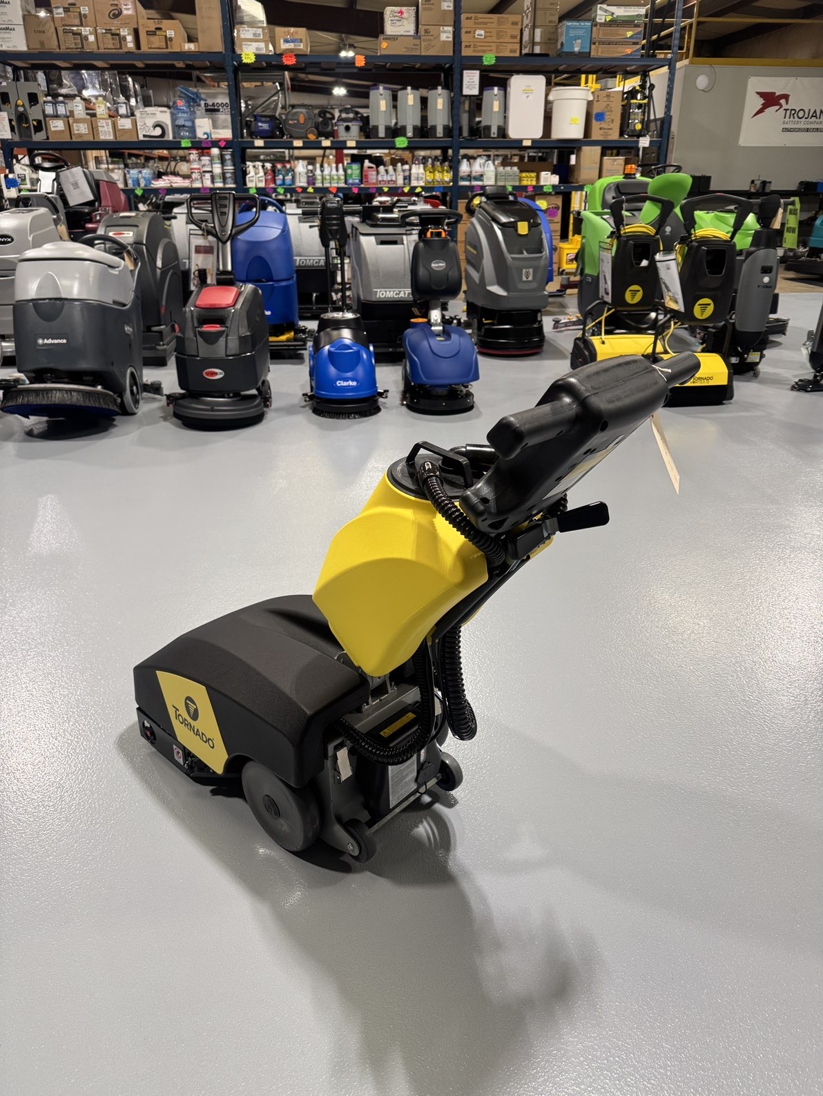 A Tornado BR 13/2 Cylindrical Scrubber in a warehouse showroom at ChemSource Direct.