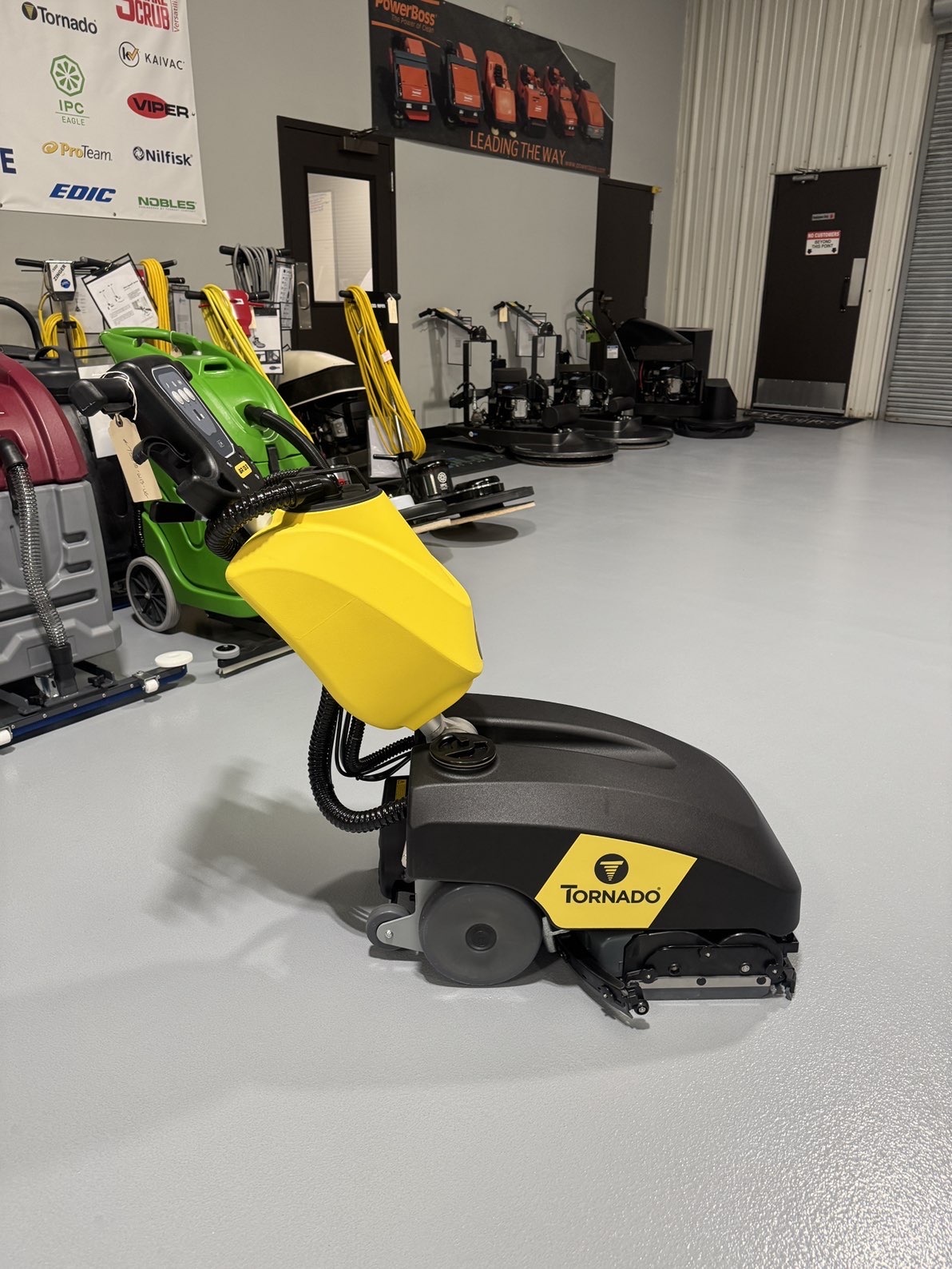 A Tornado BR 13/2 Cylindrical Scrubber in a warehouse showroom at ChemSource Direct.
